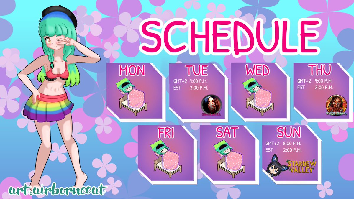 MagicRayumi's tweet photo. 🌸Schedule 07 - 13 August🌸
Fan emoji:🍵
🍵#rayumi_art🍵
🍵#rayumi_live🍵
🍵#rayumi_magic🍵
#VtuberUprising #Simulacra2 #HotlineMiami2 #StardewValley https://t.co/8AOfhdW3Hx