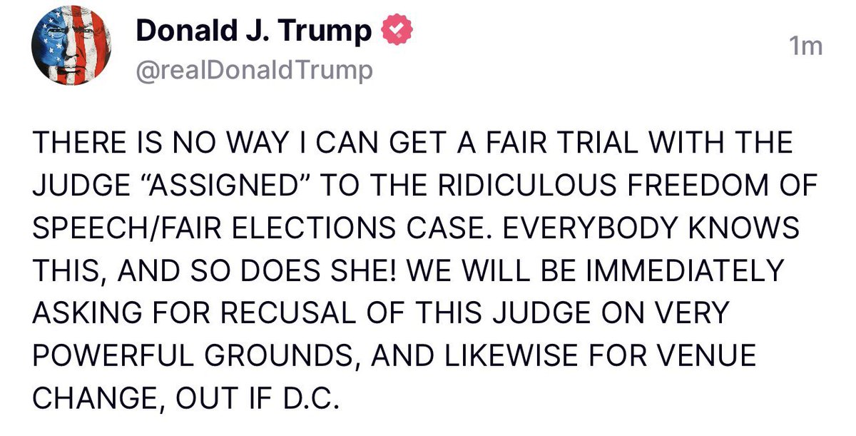 CalltoActivism's tweet photo. 🚨🚨🚨MAJOR BREAKING: Just HOURS after Judge Chutkan ordered Trump to respond to why she shouldn’t grant Jack Smith’s protective order against him…

…Trump took to Truth Social and DIRECTLY attacked the judge in an all-caps post. 

There’s a very real possibility Trump could end up in jail just from his posts alone if a protective order is granted. 

On social media, Trump seethed about the assignment of Judge Tanya Chutkan to his case — and said he plans to ask for her recusal, as well as a change of venue from Washington D.C:

“THERE IS NO WAY I CAN GET A FAIR TRIAL WITH THE JUDGE “ASSIGNED” TO THE RIDICULOUS FREEDOM OF SPEECH/FAIR ELECTIONS CASE,” Trump said. ” EVERYBODY KNOWS THIS, AND SO DOES SHE! WE WILL BE IMMEDIATELY ASKING FOR RECUSAL OF THIS JUDGE ON VERY POWERFUL GROUNDS, AND LIKEWISE FOR VENUE CHANGE, OUT IF D.C.

Here’s the best part: 👇

Judge Chutkan, an appointee of former President Barack Obama, has – according to a Washington Post database — handed down the harshest sentences of all judges who have presided over Jan. 6-related cases. 

She also previously issued a key decision against Trump when, in November 2021, she ruled the House Select Committee could access Trump’s White House files in their investigation of Jan. 6.

And now Trump thinks he is going to intimidate her?

Good luck with that Donnie!