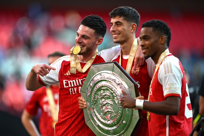 Rice, Havertz and Timber celebrate with the Community Shield.