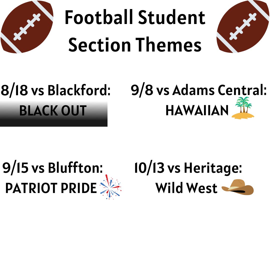 jstudentsection's tweet image. School is right around the corner... and so is football season! Here are the themes for this year's home games. Come out and support your Patriots!