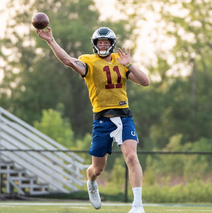 NFL_DovKleiman's tweet photo. Free-agent QB Carson Wentz shared these pictures of him training in a #Commanders jersey, #Eagles helmet, and #Colts shorts, as he's trying to get back to the league.

He captioned the post: "Back in the lab.. just looks a little different so far this year 🙃 #alternateuniforms #trainingcamp2023"
