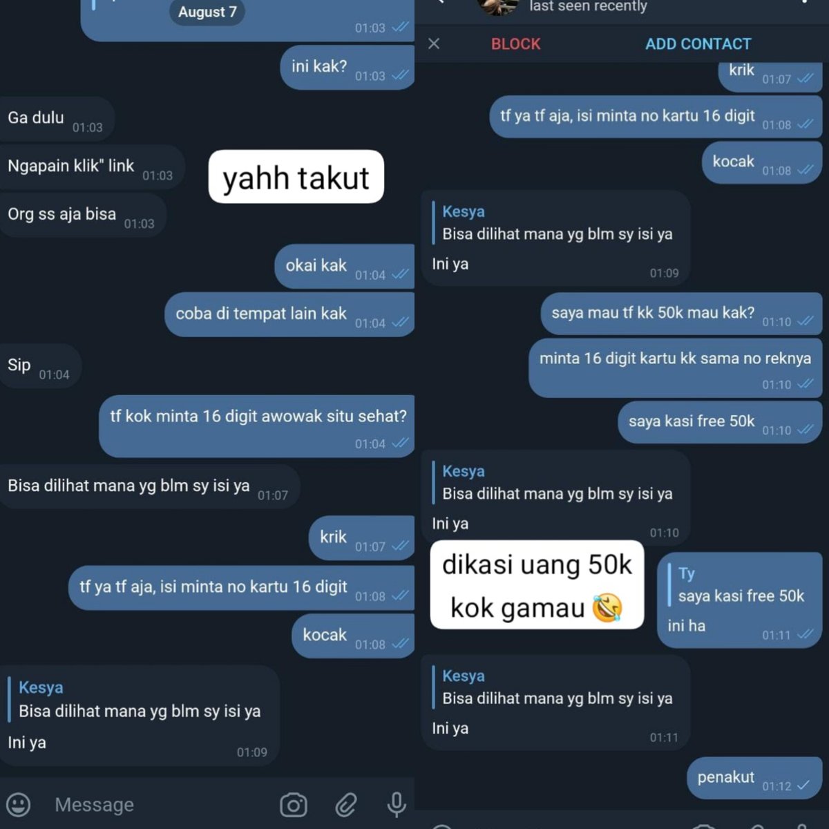 maybeuuua's tweet photo. kocak bet dah scam anak hr**m 🤣, dalam beberapa jam 3 kali ganti user tele >> (tele/kesyacanz, ziafelia, licelined) hati hati guys lagi cari mangsa dia 😒 #ZonaBA #zonajajan #penipuan #scam #zonauang️ https://t.co/Cj30Hu2op4