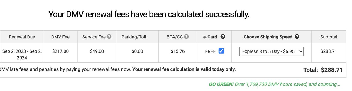 What is <a href="/CA_DMV/">CA DMV</a> doing?  $60 to do an online transaction instead of mailing my check?  (And the "express" was the cheapest mailing option).  $49 "service fee" when it has to be cheaper for them to process than the check I will send.  Plus 3.5% credit card fee.  Really?