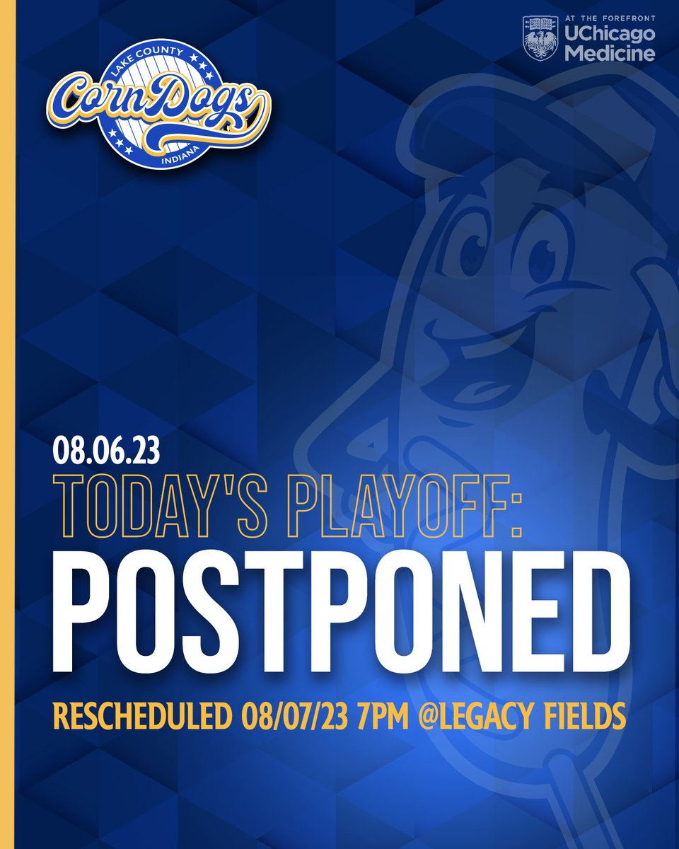 HOLD THE MUSTARD!!
Playoff game rescheduled due to field conditions.

Reschedule >>> Monday, August 7 • 7PM at Legacy Fields