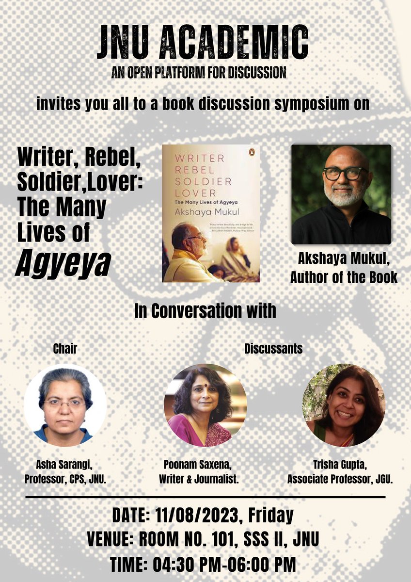 The summer brk is over, and we are back now.

We are excited to invite u all to a symposium on <a href="/Akshayamukul/">Akshaya Mukul</a> ltst book- Writer, Rebel, Soldier, Lover: The Many Lives of Agyeya. Other panellists include Asha Sarangi, Poonam Saxena &amp; Trisha Gupta (<a href="/chhotahazri/">Trisha Gupta</a>)

Detailed poster blw