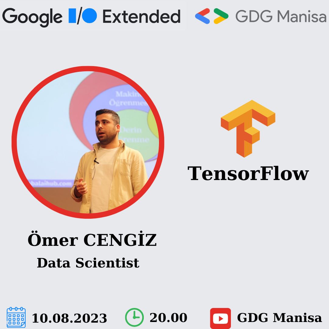 10 Ağustos Perşembe günü 20.00'da YouTube kanalımızdan gerçekleştireceğimiz Google I/O Extended etkinliğimizin ilk konuşmacısı Ömer Cengiz "Tensorflow" sunumu ile bizlerle beraber olacak 🤩 
Hepinizi etkinliğimize bekliyoruz 🥳
Kayıt Linki 👉 docs.google.com/forms/d/e/1FAI…