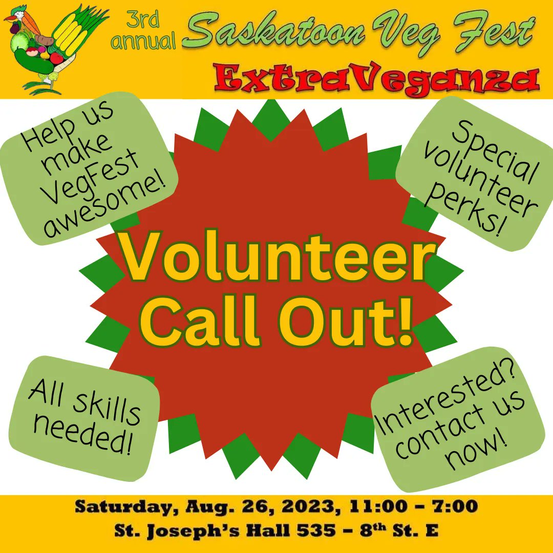 ASMSaskatoon's tweet image. Are you planning to attend the 2023 Saskatoon VegFest?
We need your skills to make our 3rd annual event a success! And volunteers will have access to some special perks. We'd love to have you join us. Contact us via dm or via email at saskatoonanimalsave@gmail.com