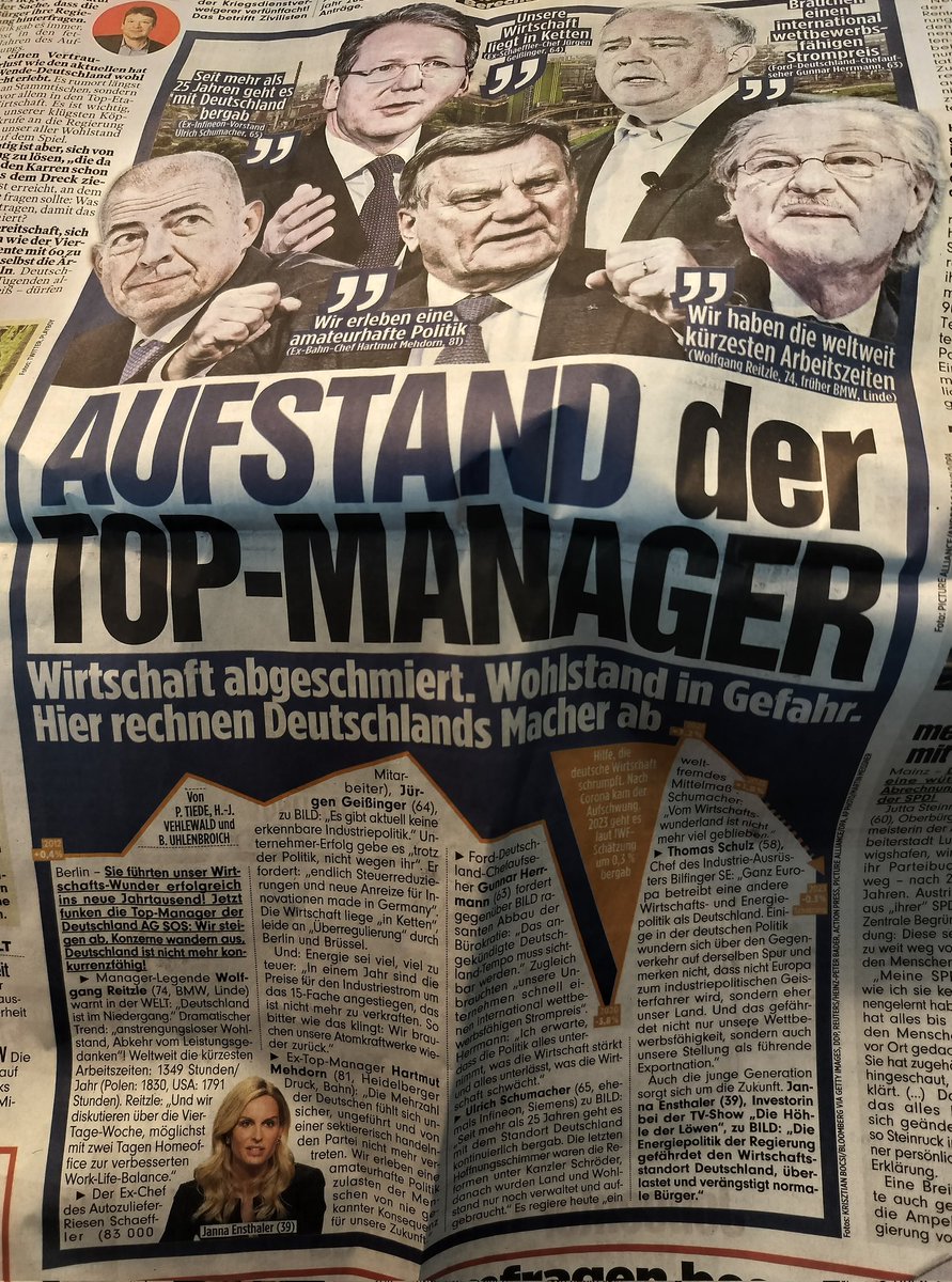 pietercleppe's tweet image. Growing calls in German media against current policies, with @BILD featuring a &quot;revolt of top managers&quot;, demanding a reversal of the decision to shut down nuclear plants, and Mobil railing against the EU&apos;s ban on the #combustionengine, stating it &quot;endangers German industry and…