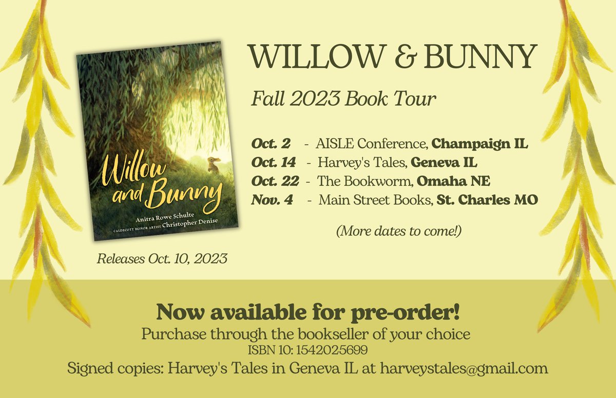 Fall book events are on the calendar! 🌿 If you live in Illinois, Nebraska or Missouri - save the date for signings of WILLOW AND BUNNY, words by me, gorgeous art by <a href="/cadenise/">Christopher Denise</a> (More dates to come, stay tuned!)
