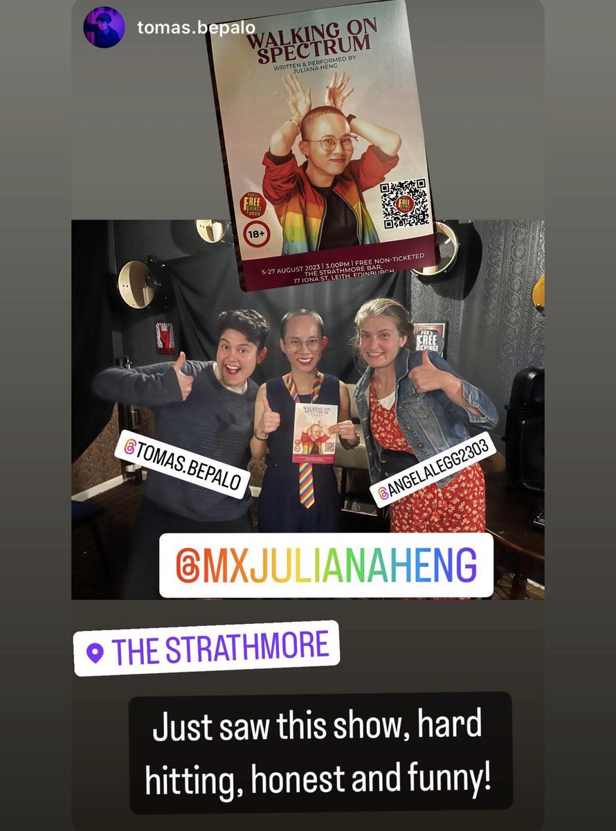 Day 2 of “Walking on Spectrum” @ Edinburgh Fringe Festival 🎭

Thanks <a href="/AngelaLegg/">Angela Legg - performer</a> &amp; Tomas for making time for it 💖

Loving the mini review by Tomas 💪

21 shows to go, catch me here: 

📍The Strathmore Bar
🕔 15:00
🗓 5-27 Aug

freefringe.org.uk/shows/walking-…

#EdFringe #EdFringeAsians