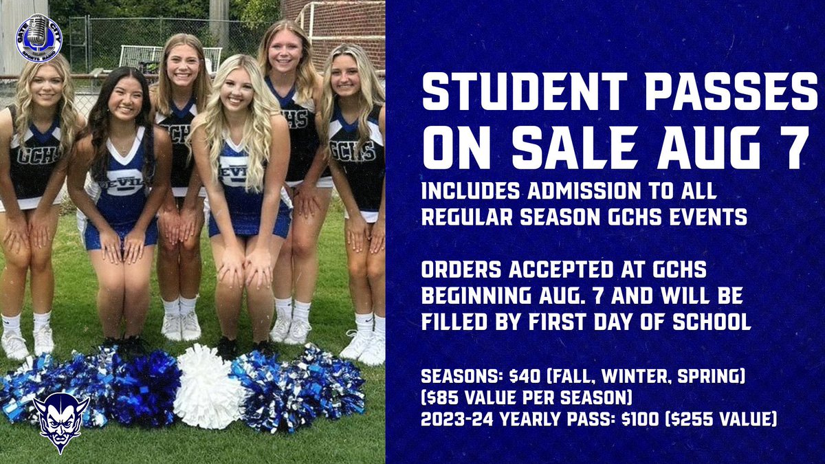 GCHSDevils's tweet photo. NEW THIS YEAR:  GCHS and GCMS Student Athletic Passes. Good for ALL regular season home games. 

Available by seasons (Fall, Winter, Spring) or entire year. 

Tickets and passes available at the GCHS office. https://t.co/Mmp8r5qFKU
