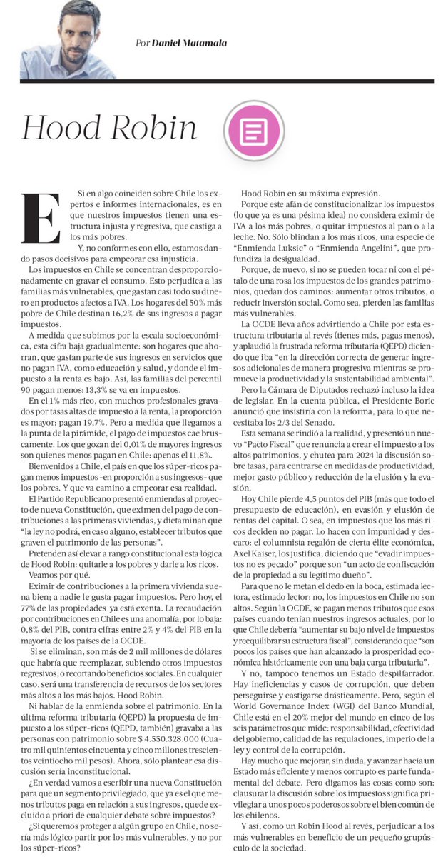 AldoMardones's tweet photo. #ConsejoConstitucional: @profesor_silva convertido en Hood Robin. Le quita a los pobres, para darles a los ricos. Propone darle rango constitucional a normas tributarias que protegen el patrimonio de los más ricos. Esclarecedora columna de @DMatamala en @latercera 
#Republicanos https://t.co/m7b5TWcU49