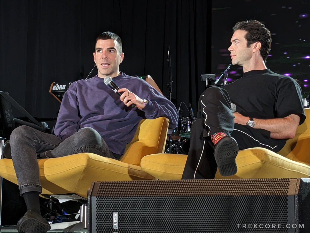 Spocks amok! #StarTrek #StrangeNewWorlds actor Ethan Peck (right) joins Kelvin Timeline actor Zachary Quinto on stage.

#STLV