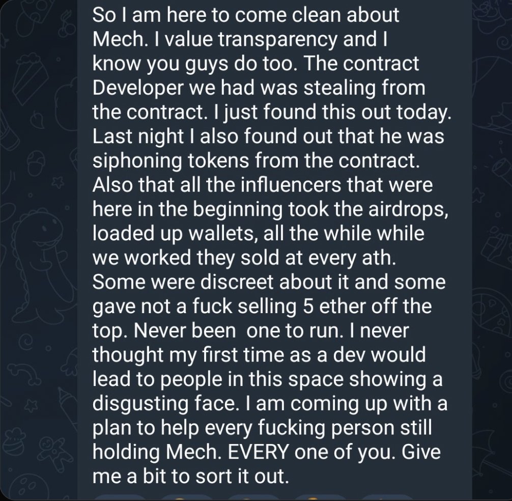 CuratedByR's tweet photo. $MECHX team stating their contract developer rugged.
Thought I was buying a promising TG bot last week..
It's been a few months since I experienced a rug, sucks hard. https://t.co/IvfwiNnOPN