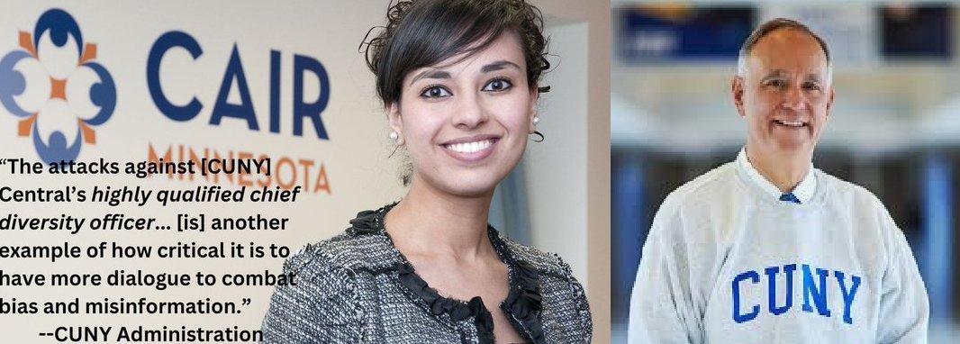 The situation at CUNY right now is very simple. 4 professors have been placed under "discrimination" investigation for complaining about BDS &amp; radical Islamist antisemitism on their campuses.

CUNY Discrimination head, former CAIR Director and BDS activist Saly Abd Alla 
AND