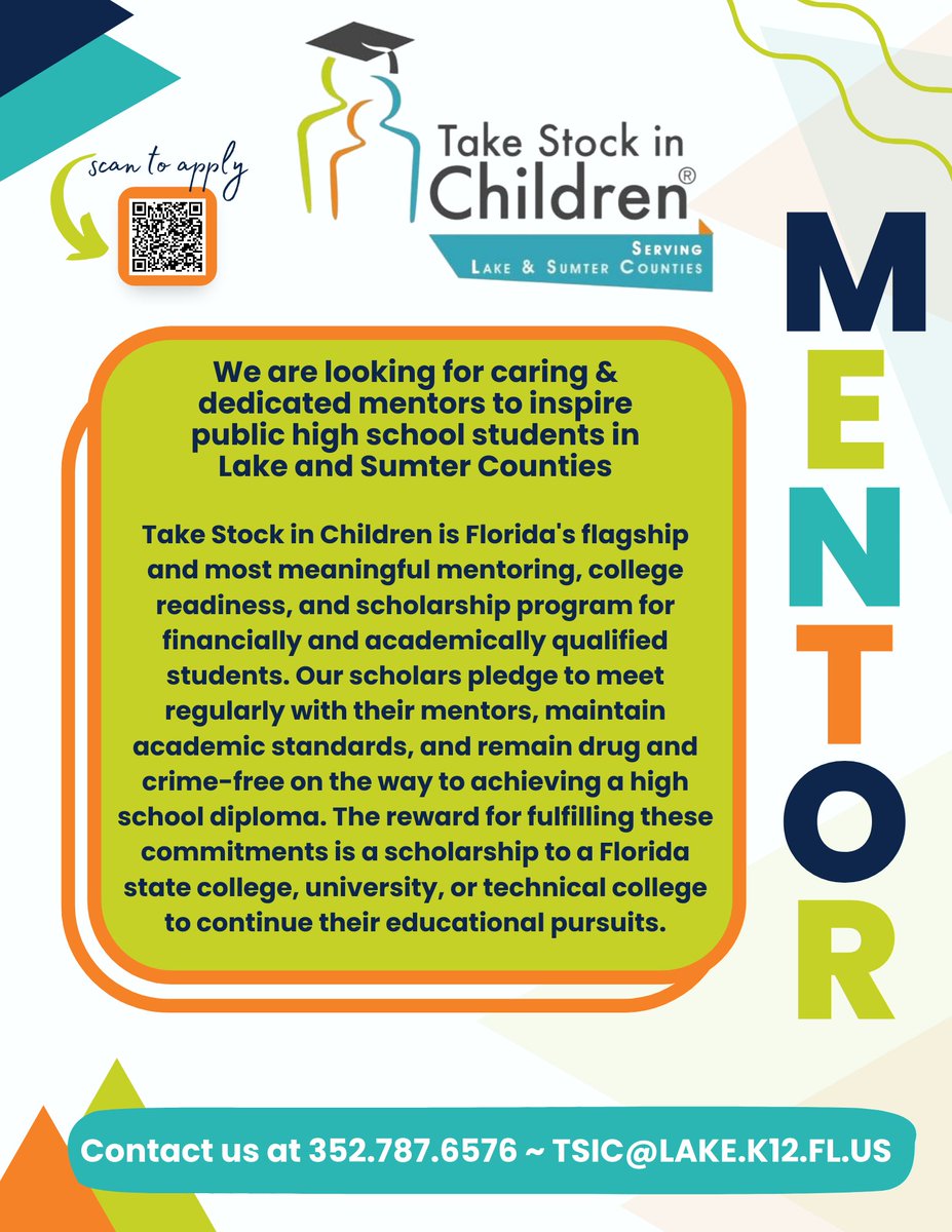 Are you passionate about helping the next generation of public high school students in Lake &amp; Sumter Counties reach their potential? We are looking for mentors who are committed to inspiring and empowering students to reach their goals.  #TSICLakeSumter #Edfoundationlake