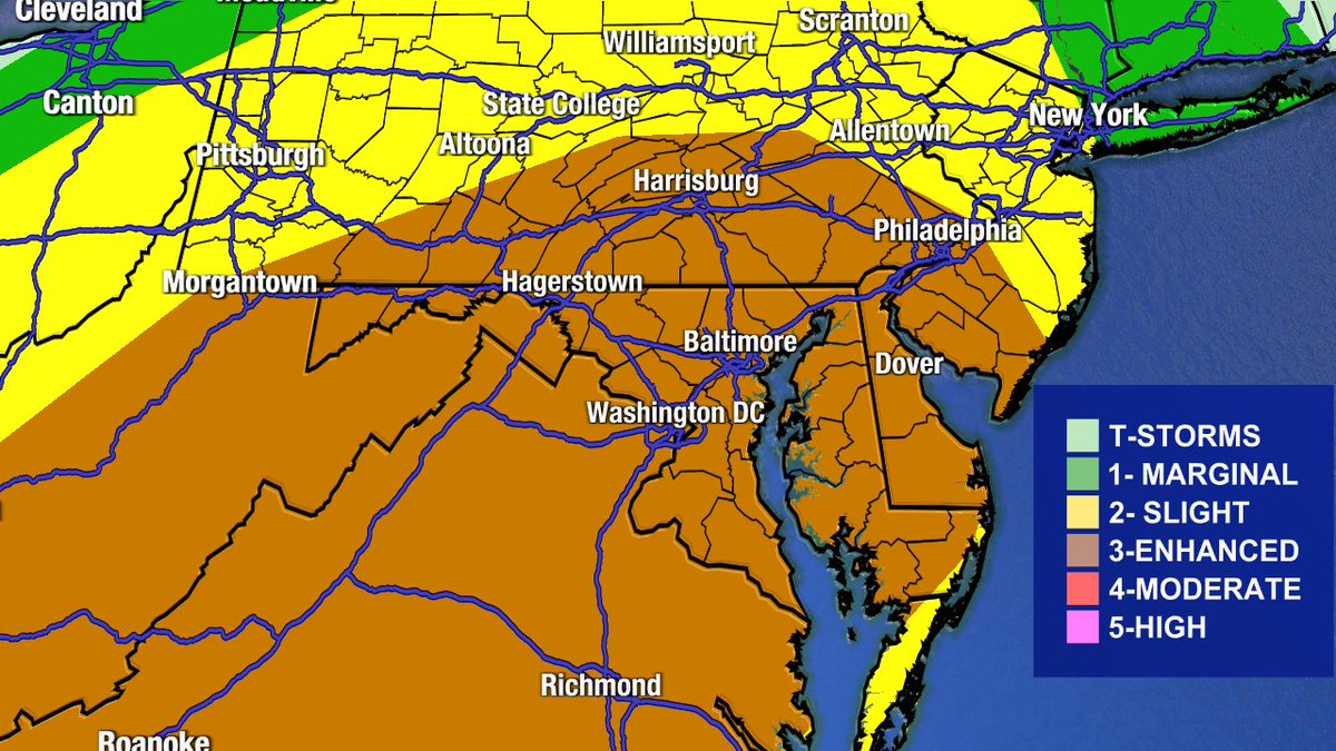 MikeMasco's tweet photo. 🚨LEVEL 3/5 (potential 4/5) SEVERE WEATHER EVENT LIKELY MONDAY..
SPC has raised chances for severe storms from #Philadelphia #Baltimore #DC #Richmond for Monday. The area shaded in purple holds the highest risk for damaging winds and #Tornadoes. There is considerable concern for south central PA and Maryland for numerous #Tornado warned storms as a warm front will situate itself over this area. This will increase directional shear allowing for an enviroment for fast-forming tornadoes. If the warm front shifts north the risk will move w/ it. Look for further expansions of the level 3 area and a potential upgrade to MODERATE risk tomorrow. 

Furthermore everyone is yellow (LEVEL 2 slight risk) stands to see flash flooding at any point.