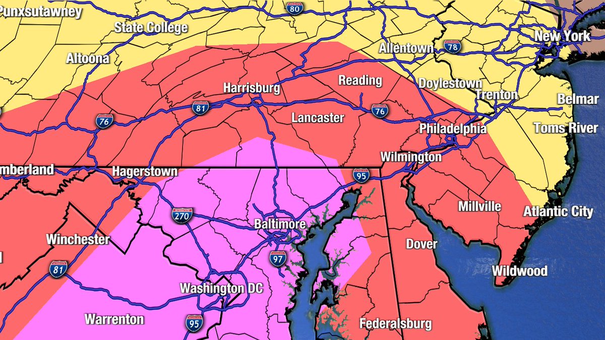 MikeMasco's tweet photo. 🚨LEVEL 3/5 (potential 4/5) SEVERE WEATHER EVENT LIKELY MONDAY..
SPC has raised chances for severe storms from #Philadelphia #Baltimore #DC #Richmond for Monday. The area shaded in purple holds the highest risk for damaging winds and #Tornadoes. There is considerable concern for south central PA and Maryland for numerous #Tornado warned storms as a warm front will situate itself over this area. This will increase directional shear allowing for an enviroment for fast-forming tornadoes. If the warm front shifts north the risk will move w/ it. Look for further expansions of the level 3 area and a potential upgrade to MODERATE risk tomorrow. 

Furthermore everyone is yellow (LEVEL 2 slight risk) stands to see flash flooding at any point.