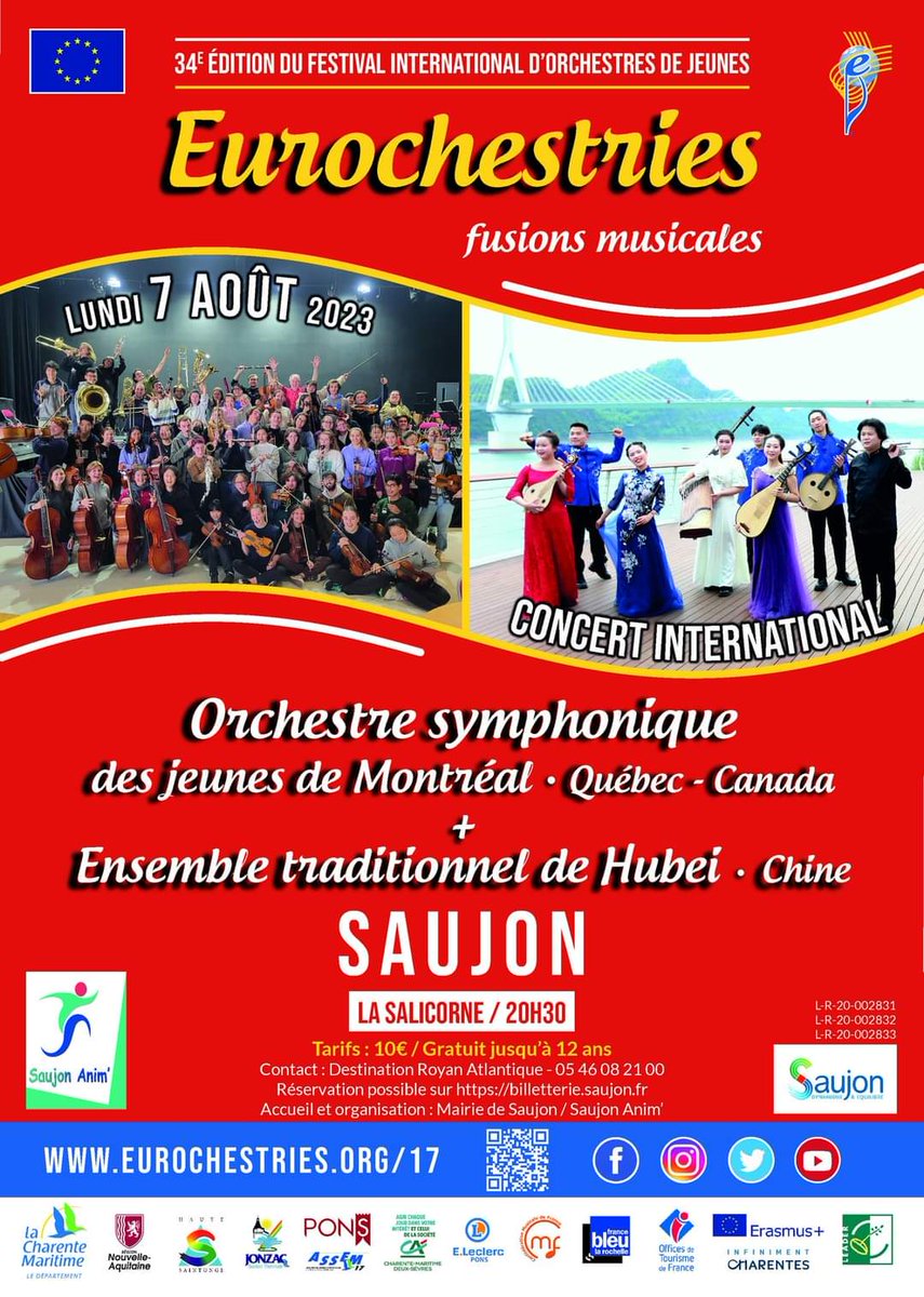ChristopheSicot's tweet image. #Saujon #Festival #Eurochestries #charentemaritime
📌 Lundi 7 août: #Orchestre Symphonique des Jeunes de #Montréal 🇨🇦 et l'Ensemble Traditionnel de #Hubei #Chine 🇨🇳
📌 20h30 à la Salicorne. Tarif unique de 10€, gratuit pour les -12 ans. @Eurochestries17