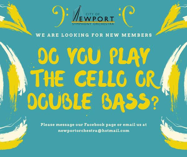 The City of Newport Symphony Orchestra has vacancies for cello + double bass players!
To find out more:
You can see us in a free concert on Thurs 21st September, 7.30 at <a href="/newportcath/">Newport Cathedral</a>!
Or to join a rehearsal, get in touch via the website or email us at newportorchestra@hotmail.com