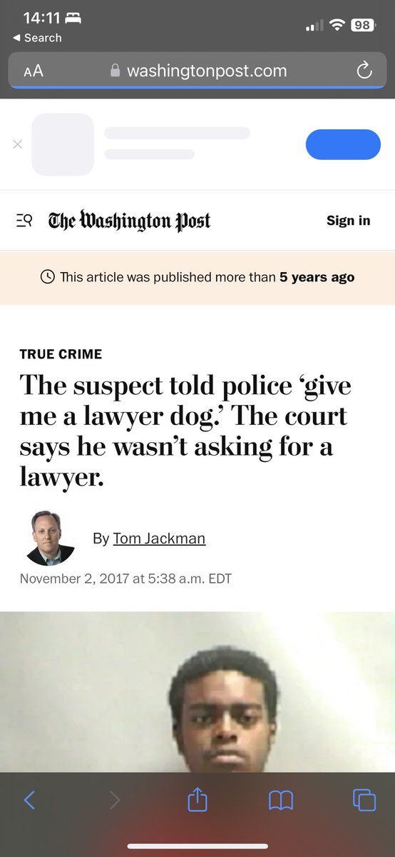 heyyitsjanea's tweet photo. remember when a black man told the police “give me a lawyer dawg” then was denied a lawyer because they said he asked for a dog not a lawyer. 

courts sided with the police

washington post goes on to act like it’s funny when in reality a man was denied his constitutional rights https://t.co/ADxtmsUaTI