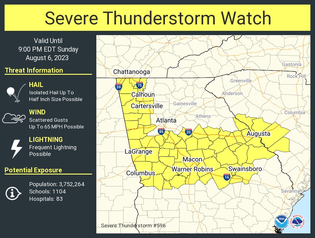NWSAtlanta's tweet image. A severe thunderstorm watch has been issued for parts of Georgia and South Carolina until 9 PM EDT
