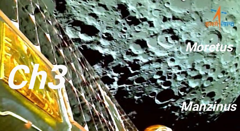 First images of the primary and alternate landing of #Chandrayaan3 during LOI. The primary landing site is located south of Manzinus crater and alternate landing site is located west of Moretus crater on the #moon . <a href="/isro/">ISRO</a> @chandrayaan_3