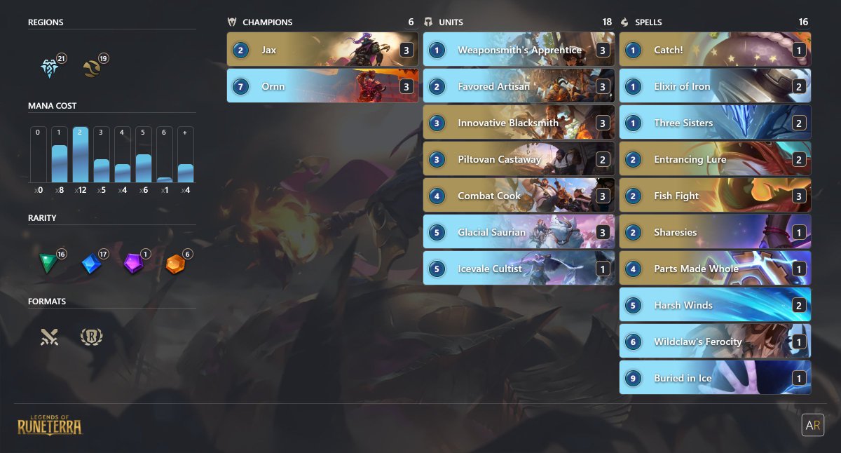 For those interested in playing the decks that Raphterra brought on the Heart of the Huntress World Qualifier. Here are the list:

Samira Varus - runeterra.ar/decks/code/CUD…

Sera Karma Sett - runeterra.ar/decks/code/CQA…

Jax Ornn - runeterra.ar/decks/code/CUC…

#LOR #LegendsOfRuneterra