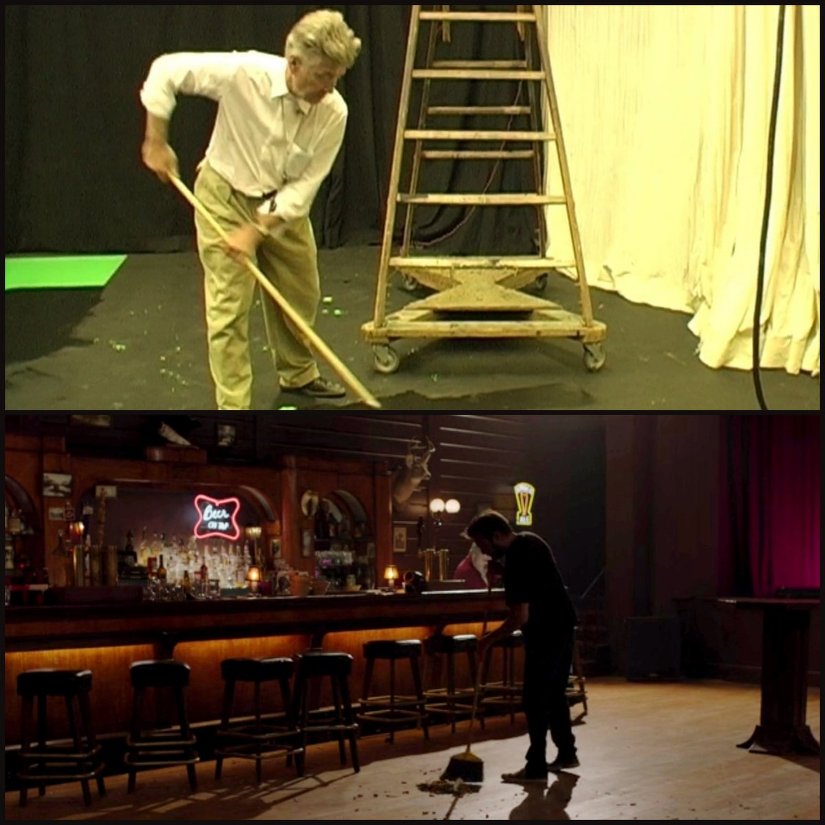 choppingwoodpod's tweet photo. David Lynch wanted to play the Sweeper role in Twin Peaks S3 because he really loves to sweep but ultimately decided not to because he thought the audience might be confused seeing Gordon Cole sweeping the Roadhouse floor which he later regretted because it's his favorite scene https://t.co/9GuM2HycRR