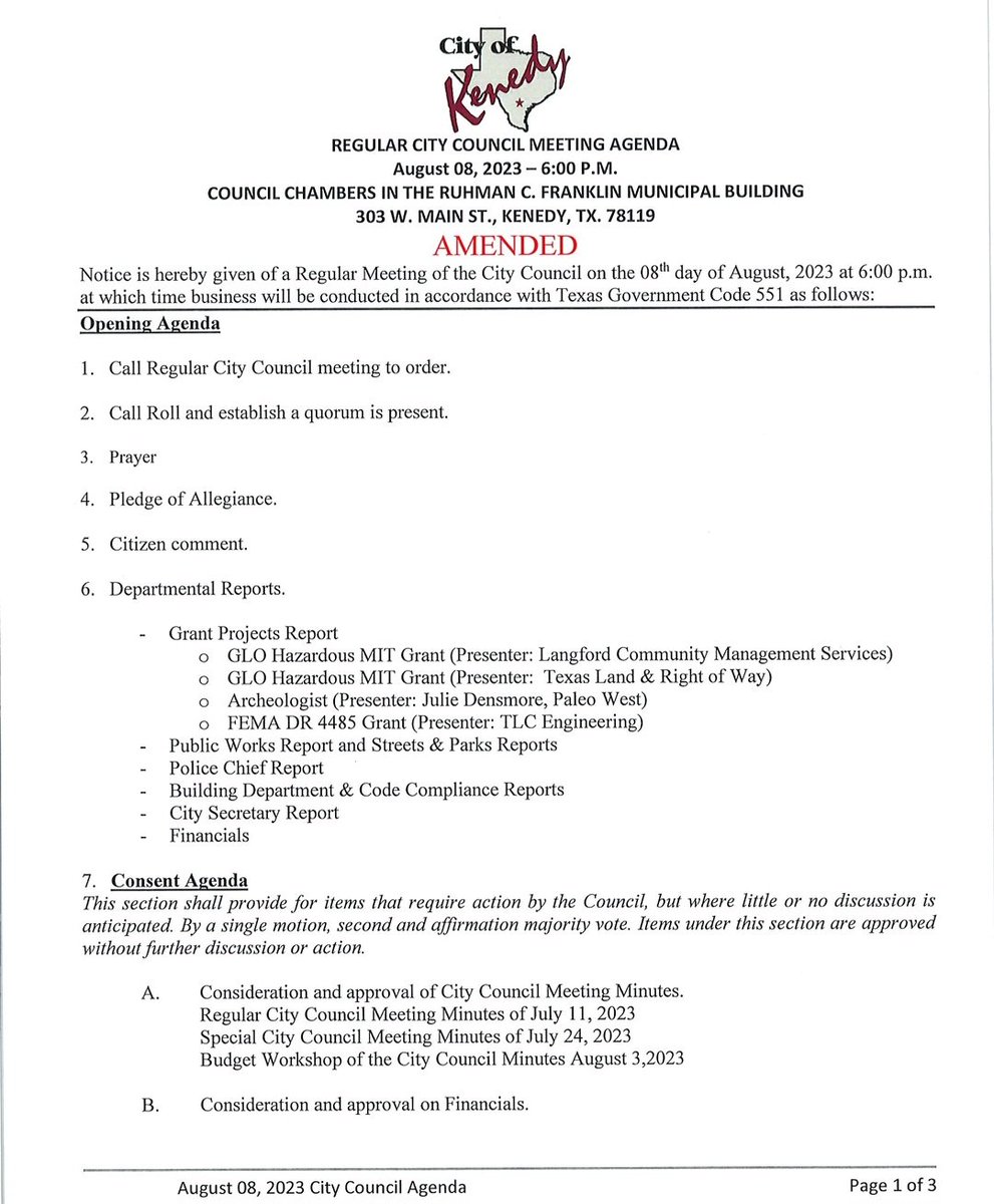 bertdistrict1's tweet photo. City of Kenedy 
Regular City Council Meeting Agenda 
August 8, 2023-6:00 P.M.
Council Chambers in the 
Ruhman C.Franklin Municipal Building https://t.co/3EDEYH0yQU