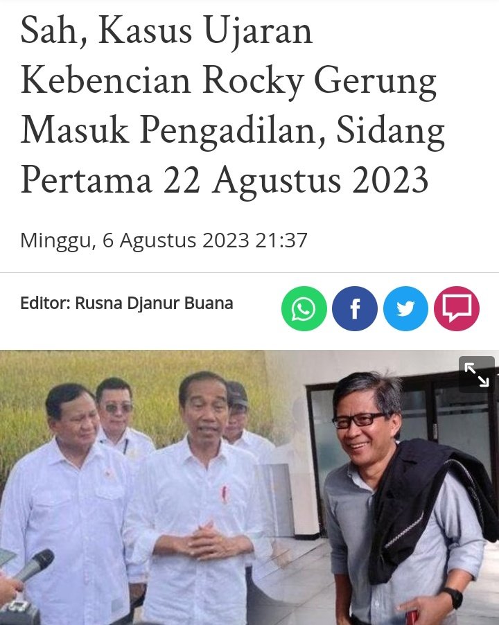 Chusnul ch💞timah (@ch_chotimah2) on Twitter photo Hinaan Rocky Gerung tdk hny merusak harkat dan martabat Kepala Negara, tetapi juga seluruh bangsa Indonesia.
Setuju dgn pendapat ini, semoga Polri juga segera menetapkan sbg tersangka dan #TangkapRockyGerung
<a href="/ListyoSigitP/">Listyo Sigit Prabowo</a>
Sah, Kasus Ujaran Kebencian Rocky Gerung Masuk Hinaan Rocky Gerung tdk hny merusak harkat dan martabat Kepala Negara, tetapi juga seluruh bangsa Indonesia.
Setuju dgn pendapat ini, semoga Polri juga segera menetapkan sbg tersangka dan #TangkapRockyGerung
<a href="/ListyoSigitP/">Listyo Sigit Prabowo</a>
Sah, Kasus Ujaran Kebencian Rocky Gerung Masuk
