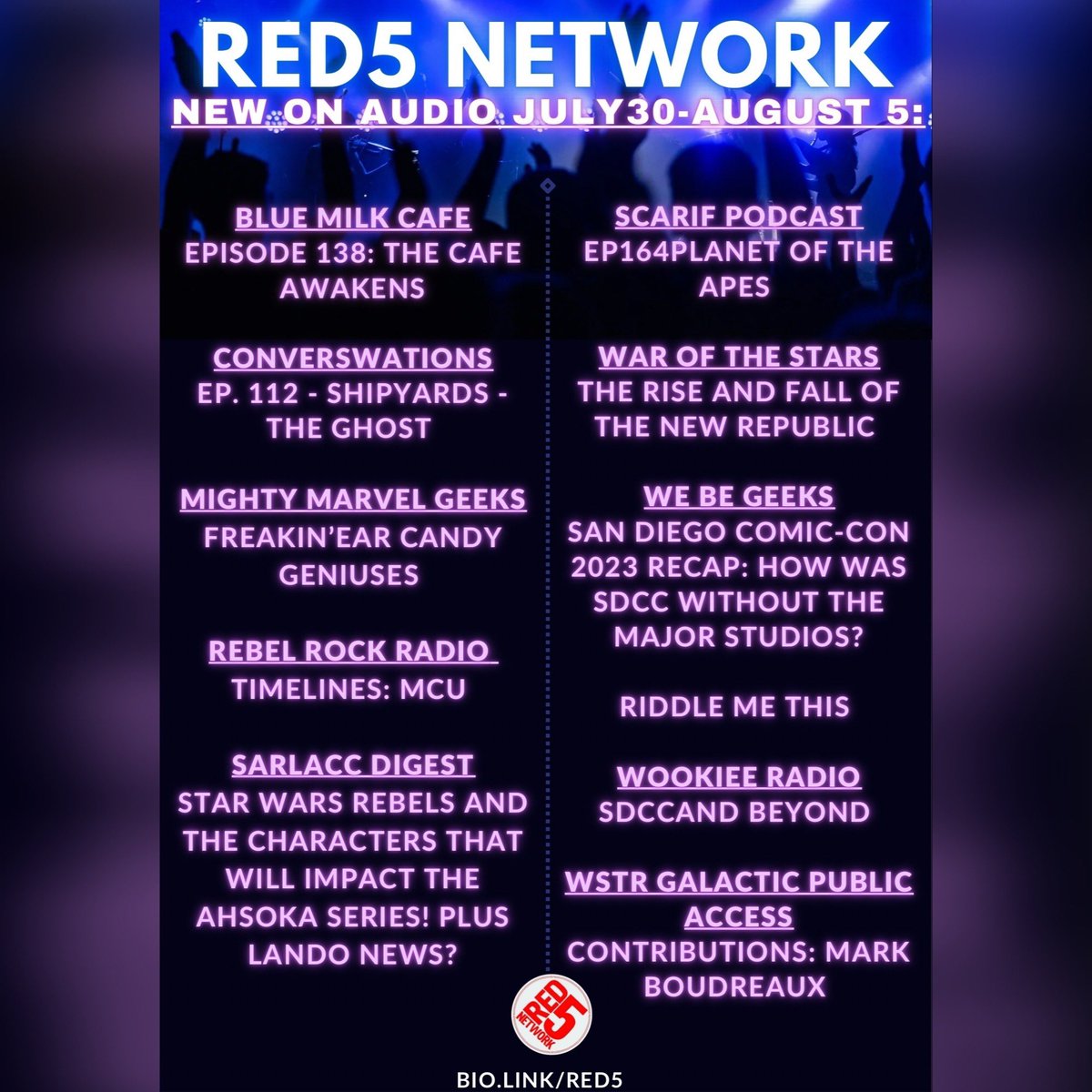 YOUR Red 5 Network (@red5network) on Twitter photo Prepping for the week ahead? Download these Red5 Network podcasts on your favorite podcasting app! 🙂
@ThatFisch
<a href="/SWations/">converSWations - Red 6</a>
<a href="/MarvelGeeks/">Mighty Marvel Geeks</a>
@RebelRockPod
<a href="/SarlaccDigest/">SarlaccDigest</a>
<a href="/ScarifPodcast/">"Always Sunny On Scarif"😎</a>
@WaroftheStars1
<a href="/WeBeGeeks/">We Be Geeks</a>
<a href="/WookieeRadio/">Wookiee Radio</a>
<a href="/WSTRmedia/">wstrmedia @ #BTTF40</a> Prepping for the week ahead? Download these Red5 Network podcasts on your favorite podcasting app! 🙂
@ThatFisch
<a href="/SWations/">converSWations - Red 6</a>
<a href="/MarvelGeeks/">Mighty Marvel Geeks</a>
@RebelRockPod
<a href="/SarlaccDigest/">SarlaccDigest</a>
<a href="/ScarifPodcast/">"Always Sunny On Scarif"😎</a>
@WaroftheStars1
<a href="/WeBeGeeks/">We Be Geeks</a>
<a href="/WookieeRadio/">Wookiee Radio</a>
<a href="/WSTRmedia/">wstrmedia @ #BTTF40</a>