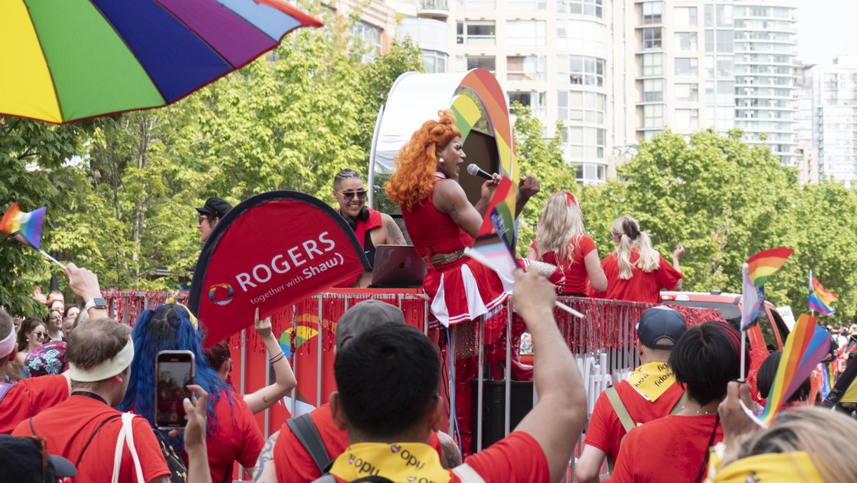 Rogers's tweet photo. Such an incredible day celebrating Pride in Vancouver with our employees! We loved being a part of the parade @vancouverpride as we witnessed love and support from everyone along the route! Join us as we continue to celebrate Pride across Canada! β€οΈπ³οΈβπ #WithYouWithPride https://t.co/mJLWljMibl