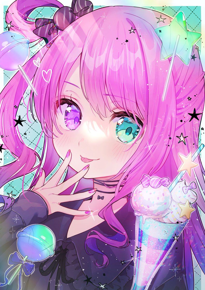 himemori luna 1girl heterochromia tongue tongue out pink hair solo single hair ring  illustration images