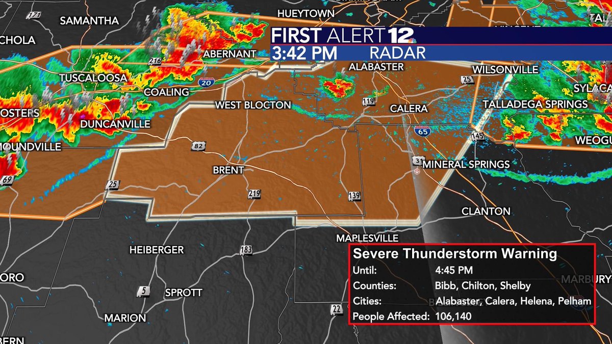 NickGunterWX's tweet photo. FIRST ALERT: Severe T-Storm Warning for northwest Chilton County until 4:45 PM. Damaging winds 60 MPH+, heavy rain and frequent lightning are the primary threats. #WSFA #firstalert12 https://t.co/XGGv7ngIU9