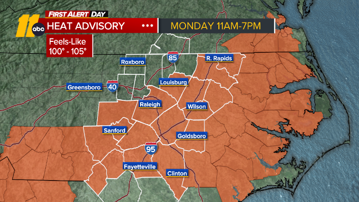 BigweatherABC11's tweet photo. There's a chance of strong/severe storms on Monday evening. But before they get here, another scorcher with a #HeatAdvisory in effect. #FirstAlertDay https://t.co/KLFFer8olK