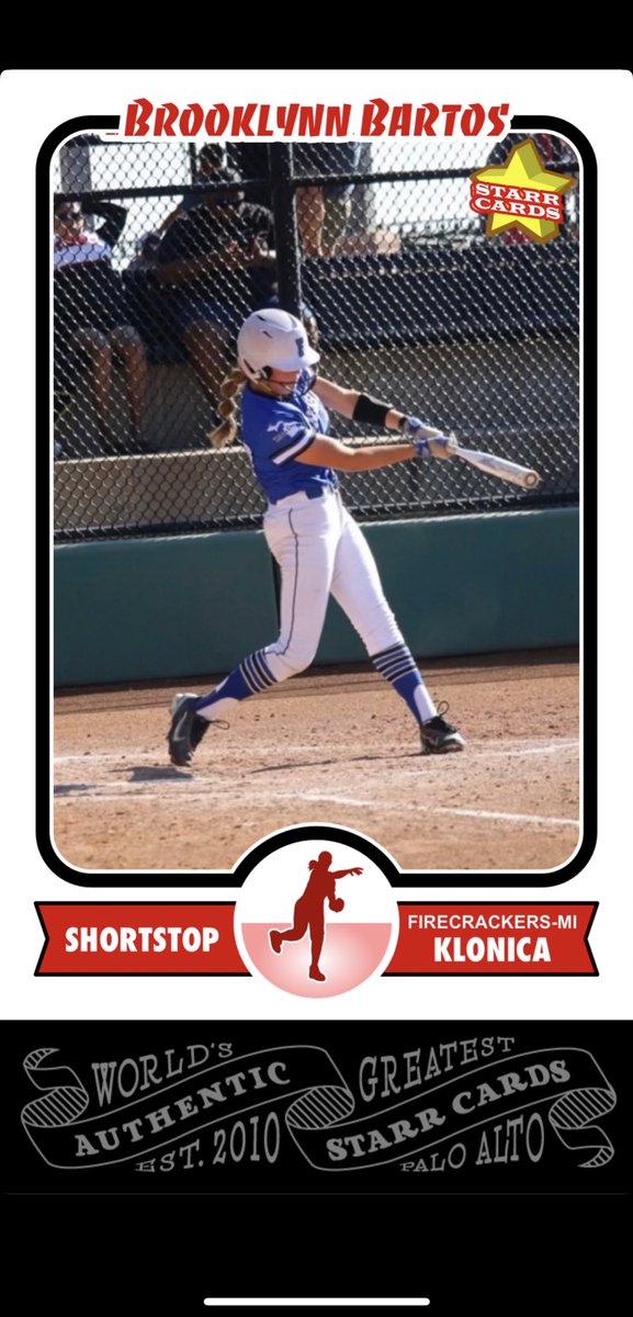 Firecrackers MI-Klonica would like to welcome #27 Brooklynn Bartos for the 2023/2024 season. 🧨🥎 Woodhaven High School 2026 Bats: R Throws: R Fun fact: Brooklynn has 3 older athletic brothers who she can beat in a race. They call her Speedy B