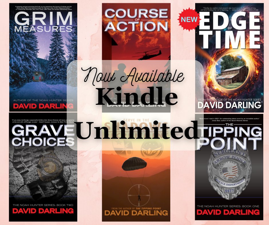 DavidDarlingCA's tweet photo. All of my novels are now listed with @AmazonKindle and enrolled in the #KindleUnlimited program. They are FREE to read!! Including my new release #EdgeofTime.
#WritingCommunity #amwriting https://t.co/CCqGJQCJsU https://t.co/xbkpWgEWFB