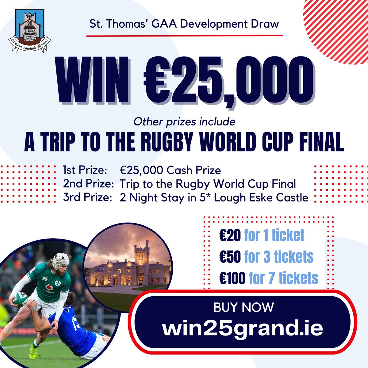 StThomassHC's tweet photo. 🔵🔴🔵🔴🔵🔴🔵🔴
Congrats to the winners: 

1st Prize: Richard Fitzgerald, Kilfinane, Co.Limerick
2nd Prize: Austin &amp; Carina Mahoney, Glenties, Co. Donegal  
3rd Prize: Avril McCamley, Newcastle, Galway 
🔵🔴🔵🔴🔵🔴🔵🔴 https://t.co/wfsjBByGD0
