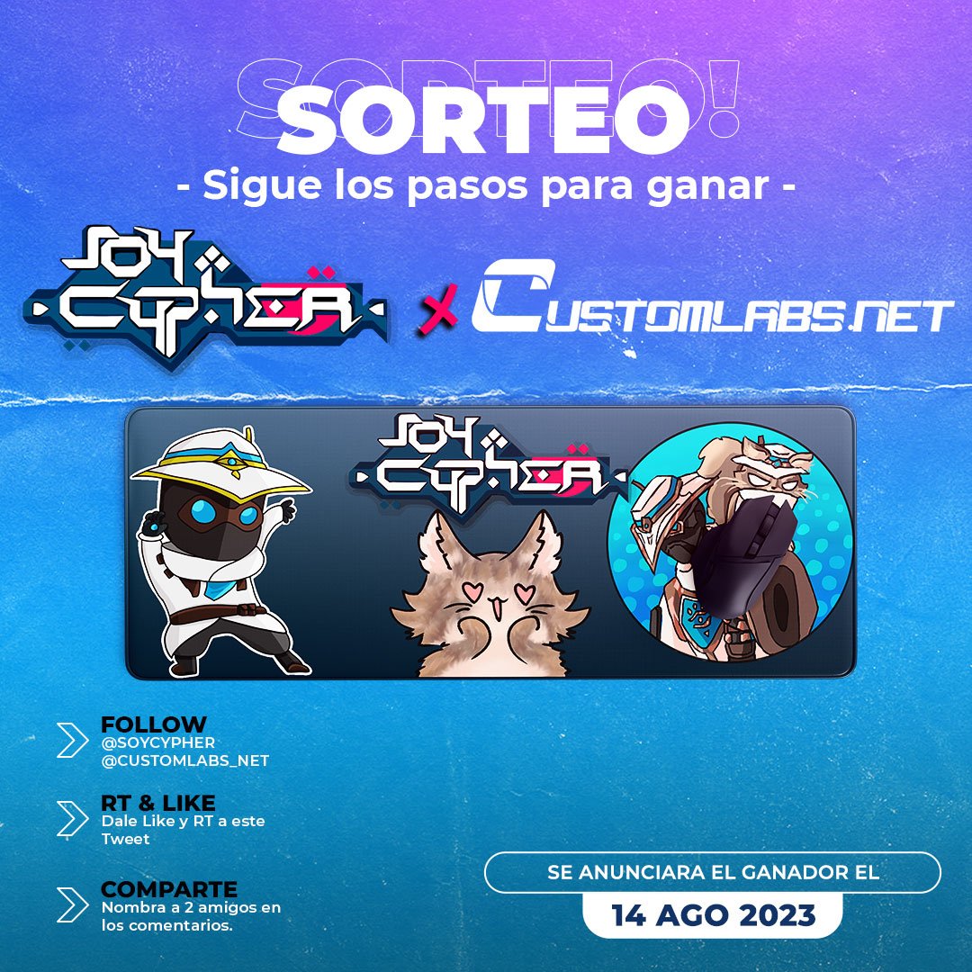 soyCypher's tweet photo. Cómooo??? Que hay merch de soyCypher?!

https://t.co/bJNsV5xUrK

Si queréis participar sorteo de la alfrombrilla ratón, seguid las míticas instrucciones:

 - Follow a mi y a @customlabs_net 
 - Rt & like
 - Menciona a 2 amigos en los comentarios

Fecha límite 14 de agosto.

Si se llega a 450RTs , la alfombrilla será LED
