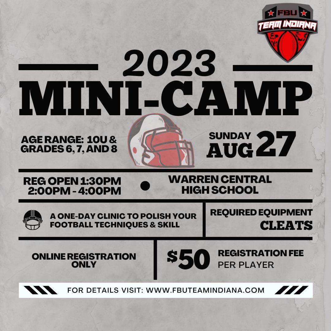 🔥 Unleash your potential on the field! Our Position-Specific Mini-Camp on August 27th will fine-tune your football skills. Your $50 registration covers future tryouts and camps for all of 2023. Secure your spot at fbuteamindiana.com. #FootballTraining #FBUIndiana