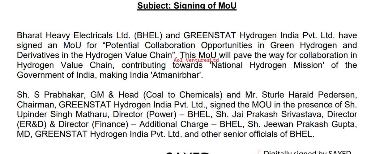 vluxeinvests's tweet photo. #BHEL and #GREENSTAT Hydrogen India Pvt Ltd have  signed an MoU for Potential Collaboration Opportunities in Green Hydrogen & Derivatives in the #Hydrogen Value Chain