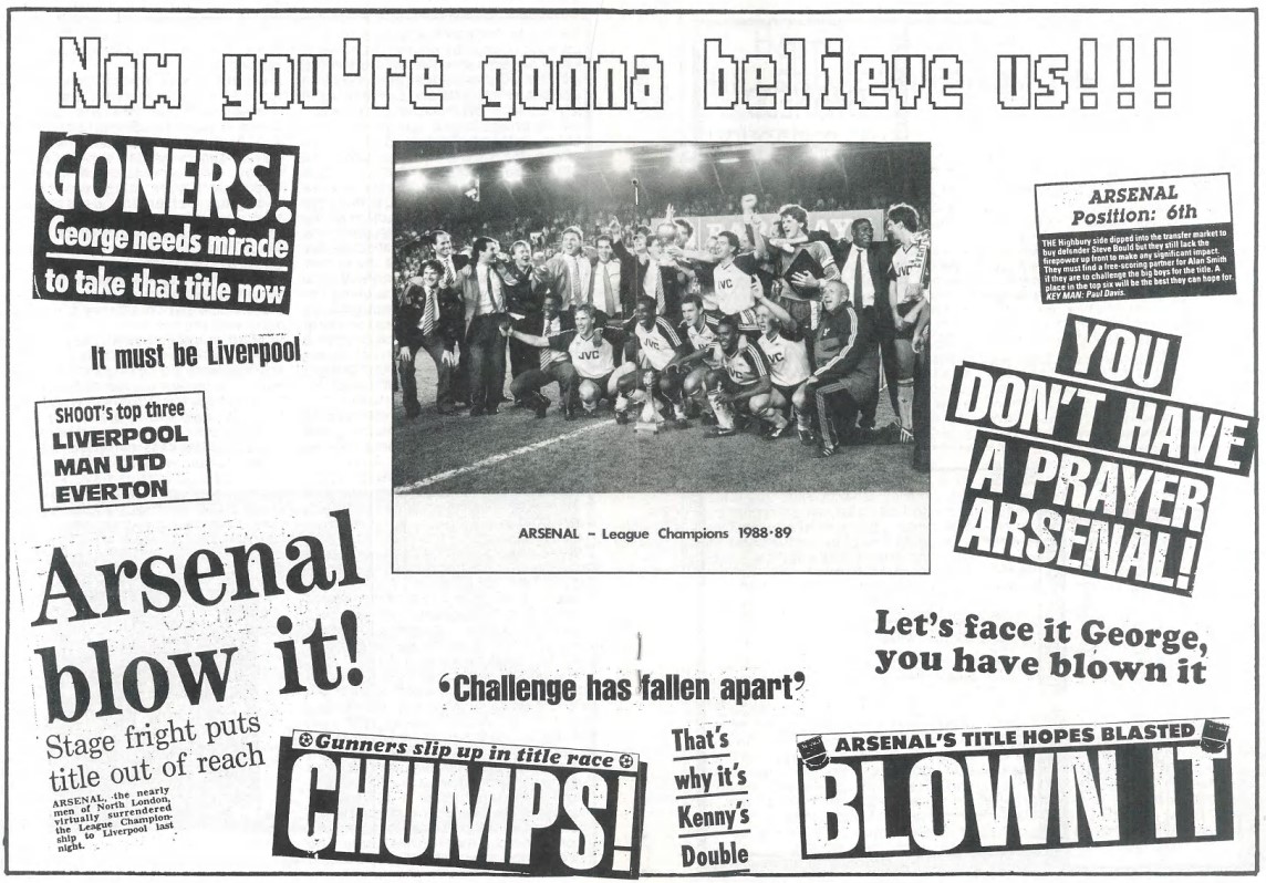 N5Librarian's tweet photo. When, in the 1989 League title run-in, #Arsenal wobbled, the newspaper headlines put the boot in. The @GoonerFanzine kept the receipts for its celebratory, title-winning issue (August 1989). https://t.co/7ctNwdwJCr