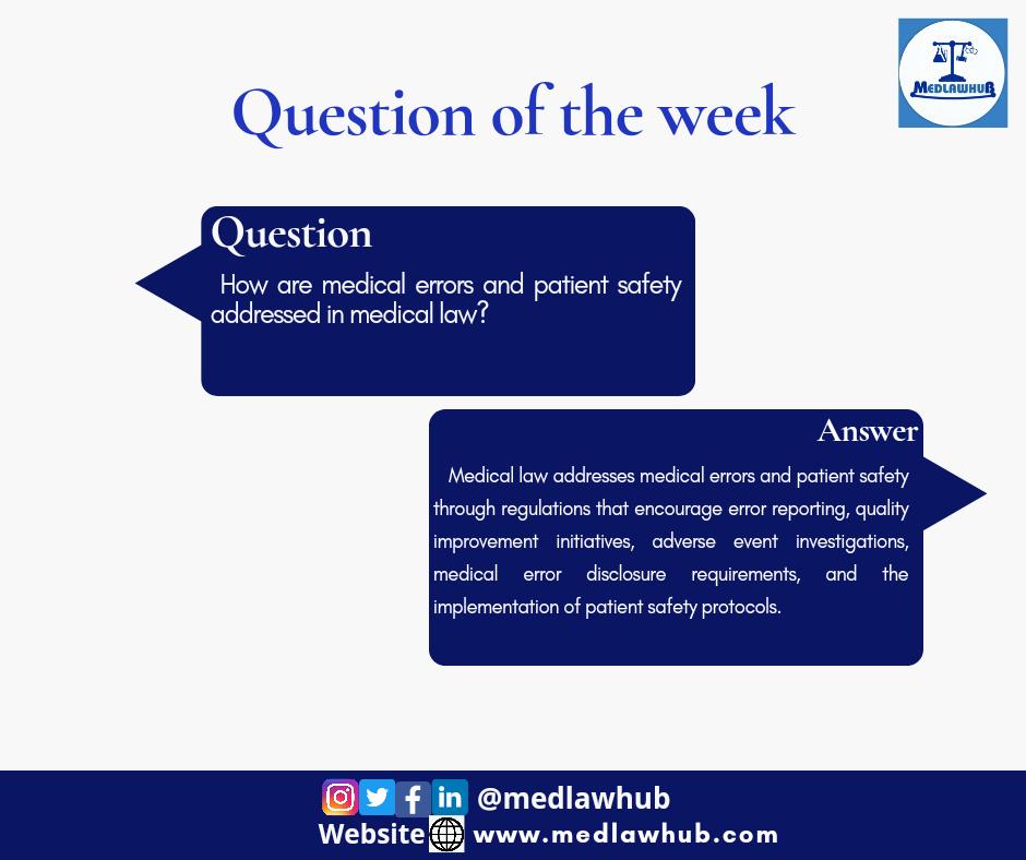 QUESTION OF THE WEEK
How are medical errors and patient safety addressed in medical law?

#Meded #MedicalErrors #PatientSafety #MedicalLaw #HealthcareRegulations #LegalHealthcare #MedicalEthics #PatientRights #MedicalLiability #HealthcareSafety #LegalResponsibility