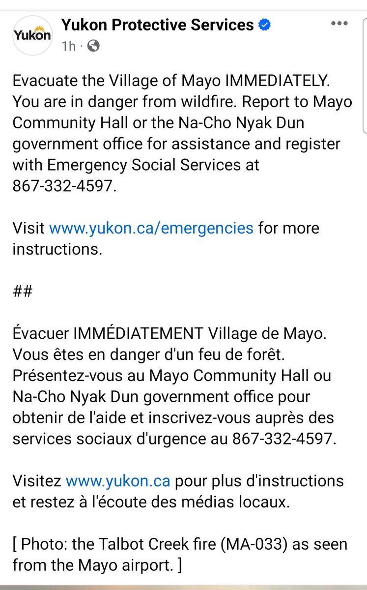 yukonrpmostyn's tweet photo. Evacuation order for the village of Mayo. Please visit the website below or follow Protective Services on Facebook. https://t.co/vraaSnCm2Z
