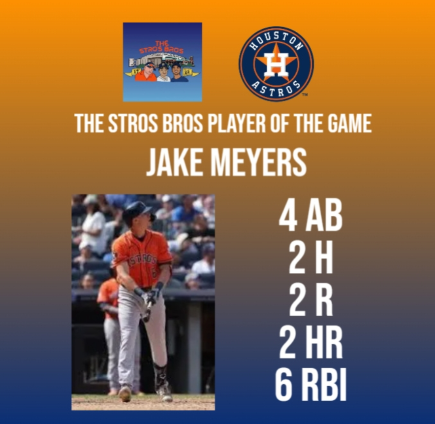 SOHTownThePod's tweet photo. The Stros Bros Player of the Game is Jake Meyers.
Jake the Rake had himself a day with two 3 run home runs and a career high 6 RBI's to help the Astros get the victory.
Congrats Jake, you had yourself a Stros Bros Day!!
#ready2reign #JakeTheRake https://t.co/INAbjW3wSH
