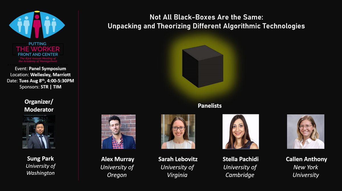 Curious about unraveling the inner workings of algorithmic technologies and the intricate user interactions they entail? Join Alex Murray, Callen Anthony, Sarah Lebovitz, &amp; Stella Pachidi for an exciting session! 
#AoM2023