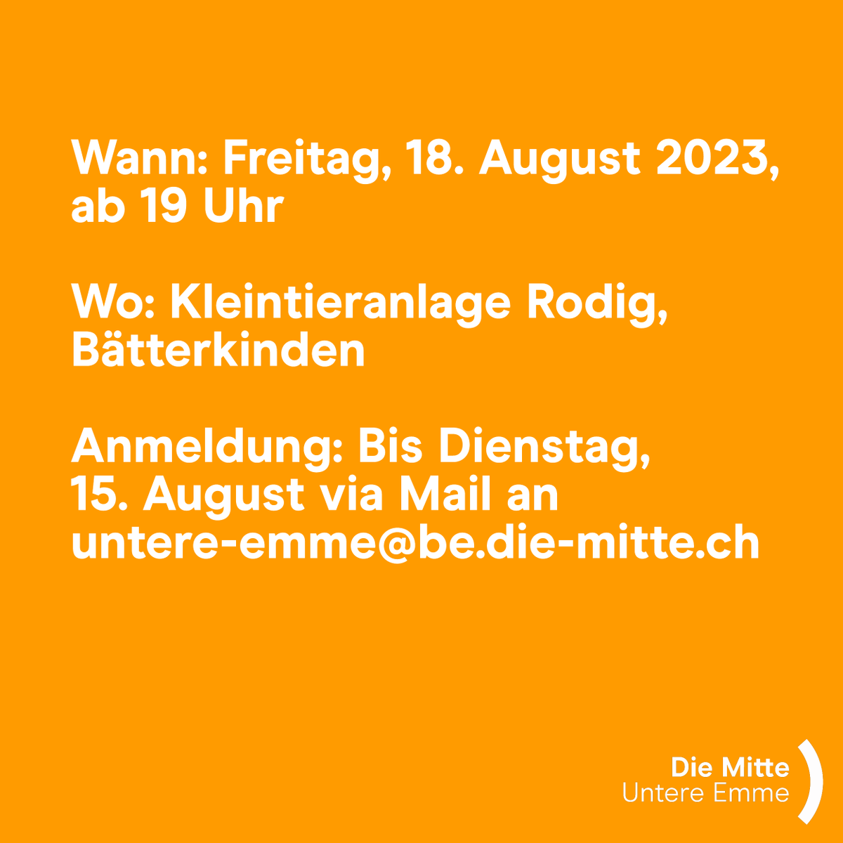 Unser traditionelles #MitteBräteln steht an und wir sind wiederum in #Bätterkinden bei Familie Kämpf zu Gast. Wir bitten um eine Anmeldung bis 15.08. via E-Mail. Der gesamte Vorstand freut sich auf viele Teilnehmende. #DieMitte #UntereEmme