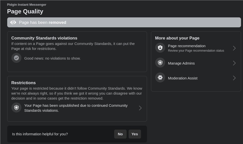 Thanks for removing our page with absolutely no warning <a href="/facebook/">Facebook</a>. We're not impersonating anyone/anything so I'm not sure what we violated. Would love to talk to someone to get this resolved.