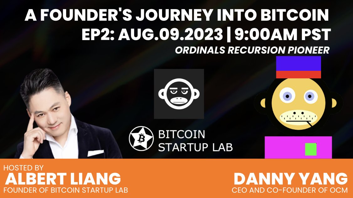 GM! Ordinals &amp; recursion pioneer: <a href="/huuep/">danny huuep</a> CEO &amp; co-founder of <a href="/OnChainMonkey/">OnChainMonkey®</a>   is sharing his founder origin story on Aug 9th, 9am Pacific Time.

🔥Set Reminder for Twitter Spaces🔥
x.com/i/spaces/1DXGy…

You'll learn how Danny:

₿🧪 started before becoming a founder
₿🧪